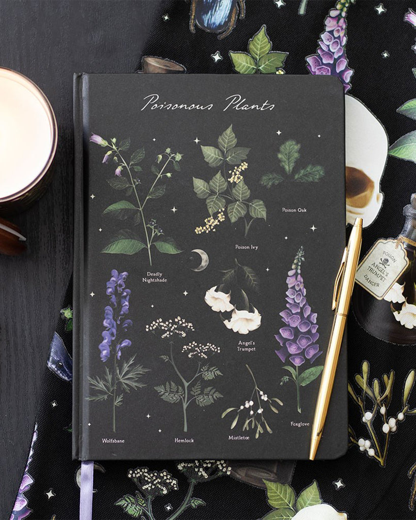 Aesthetic flat lay featuring the Rebel Romance Poisonous Plants A5 Notebook surrounded by gothic accessories, showcasing its botanical cover design and alternative vibe, perfect for spooky stationery lovers.