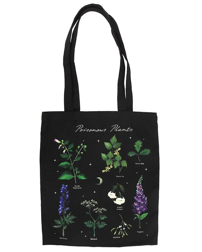 Full view of the Poisonous Plants Polycotton Tote Bag by Rebel Romance, displaying vibrant botanical artwork of toxic plants. This reusable black tote is perfect for spooky shopping trips and alternative style enthusiasts.