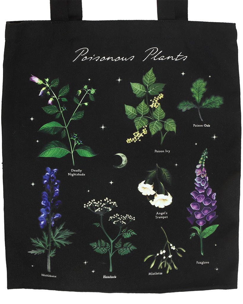Close-up of the Poisonous Plants Polycotton Tote Bag by Rebel Romance featuring illustrations of deadly plants like Nightshade, Hemlock, and Foxglove on a black background. Ideal for fans of gothic, witchy, and botanical aesthetics.