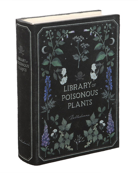 Gothic-style book storage box with "Library of Poisonous Plants" printed on the front cover, adorned with botanical illustrations. An eye-catching secret compartment for your treasures, from Rebel Romance.