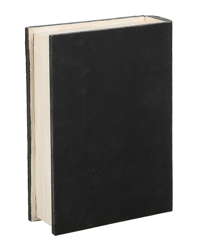 A plain black closed book-shaped storage box with realistic book spine and pages, cleverly designed to conceal its true function. Great for gothic and alternative home décor fans. Available from Rebel Romance in the UK.