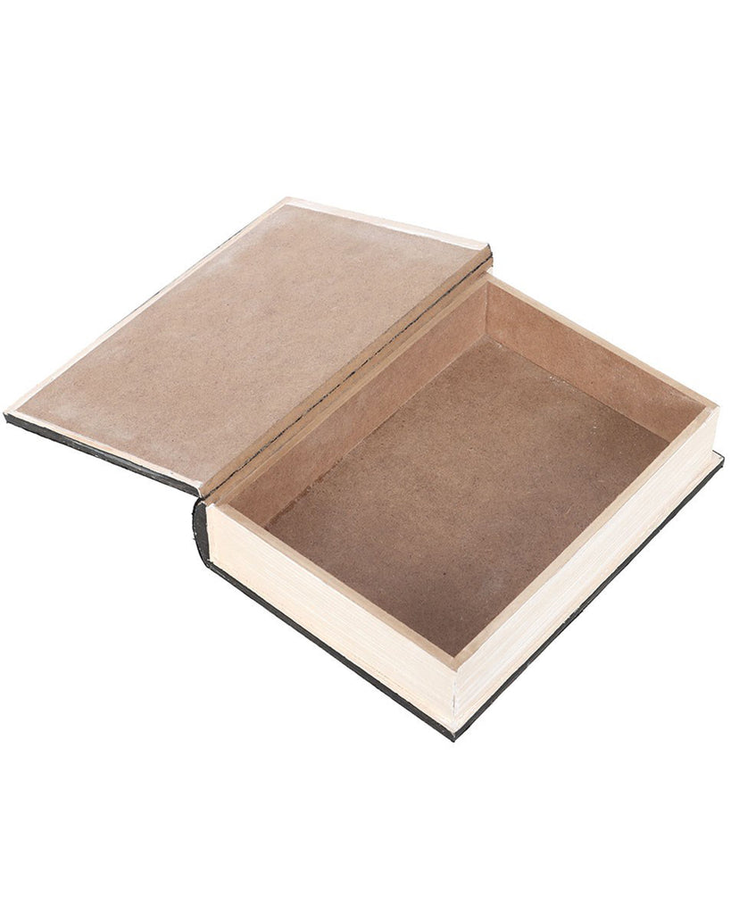 Open book-shaped storage box with a hollow interior, made from MDF wood, designed to resemble a vintage hardback. A hidden compartment is visible, perfect for discreet storage. Sold by Rebel Romance, a small UK brand for alternative home décor.