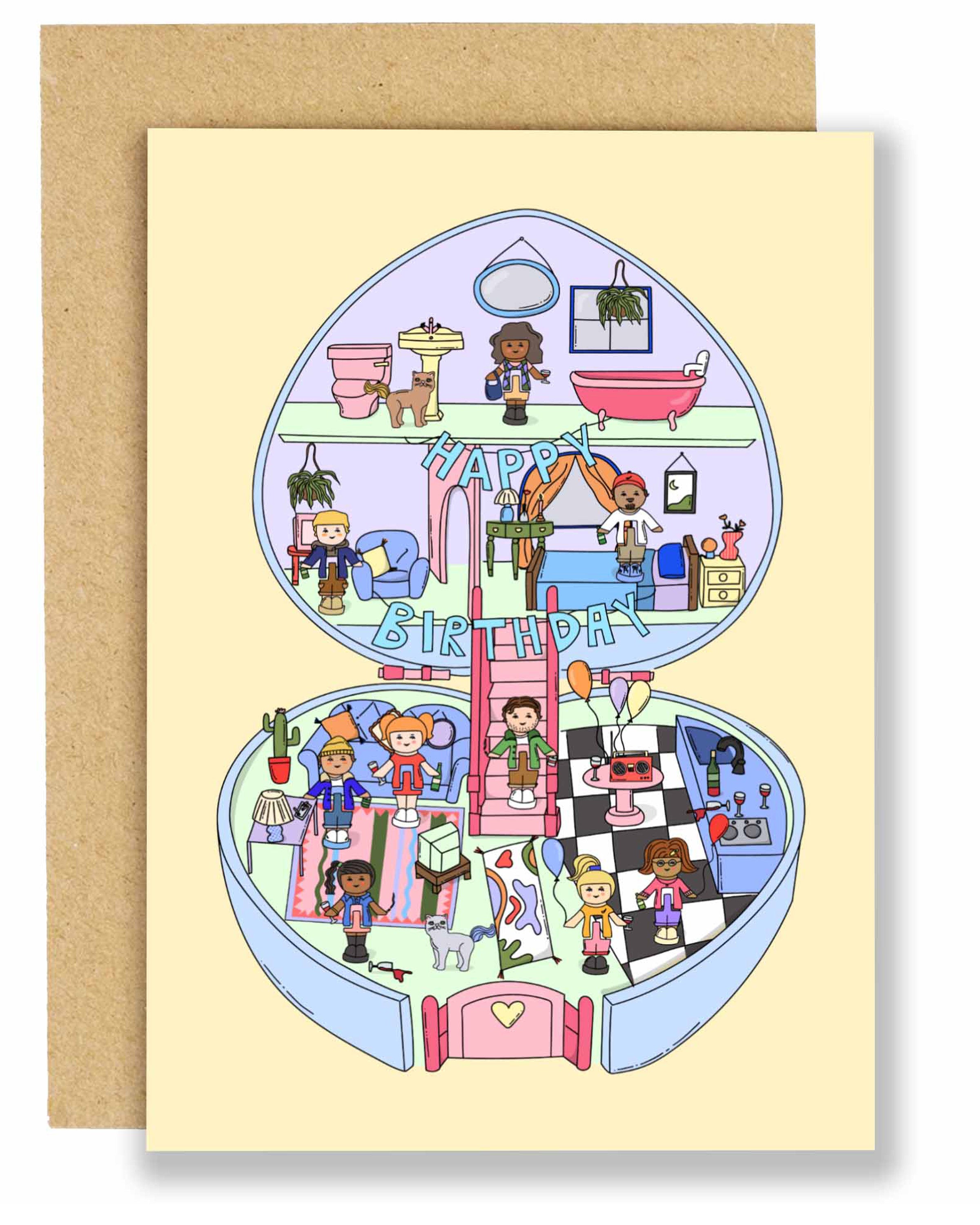 Illustrated birthday card by Eat The Moon featuring a nostalgic Polly Pocket–style house with multiple rooms, tiny characters celebrating a birthday with balloons, banners, and gifts. The card is paired with a brown Kraft envelope and has a playful, colourful design.