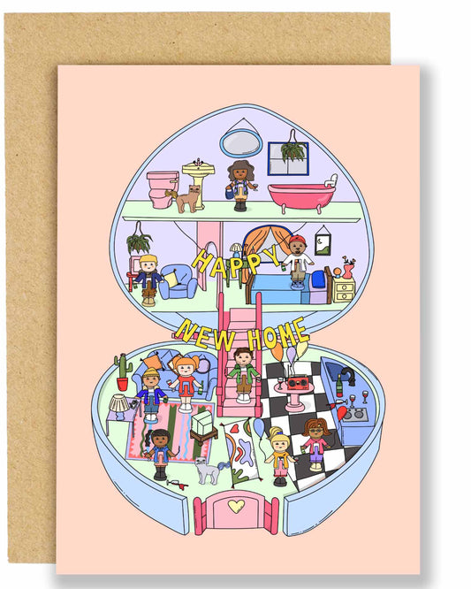A playful pink new home card illustrated like a Polly Pocket house, filled with tiny party guests, furniture, and cute details, with the words “Happy New Home” in yellow across the centre. Comes with a brown Kraft envelope.