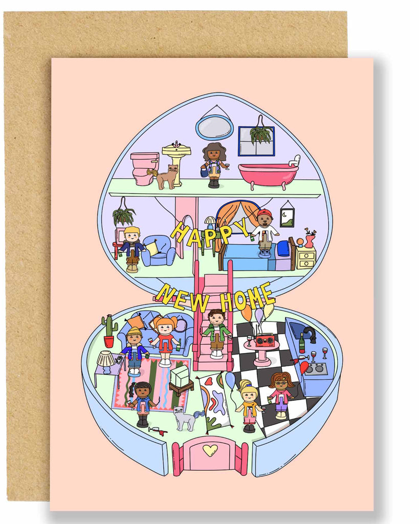 A playful pink new home card illustrated like a Polly Pocket house, filled with tiny party guests, furniture, and cute details, with the words “Happy New Home” in yellow across the centre. Comes with a brown Kraft envelope.