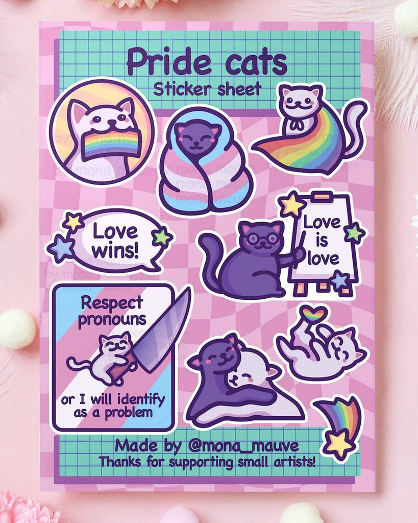 Pride Cats sticker sheet by Mona Mauve featuring 10 waterproof vinyl stickers with queer cats, rainbows, trans pride flags, and slogans like “Respect pronouns” and “Love is love.” A cute and inclusive sticker set perfect for journals, laptops, or gifting, sold by Rebel Romance, a UK small business celebrating LGBTQ+ pride and positivity.