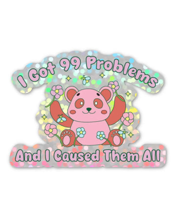 Holographic vinyl sticker from Rebel Romance featuring a cute pink bear surrounded by flowers, bees, and sparkles. The sticker reads “I Got 99 Problems And I Caused Them All” in bold pastel lettering. Designed by FUN CLUB, this funny and chaotic sticker is perfect for laptops, water bottles, or notebooks. A quirky gift for millennial mischief-makers and lovers of alternative aesthetics. Durable, weatherproof and full of sass.