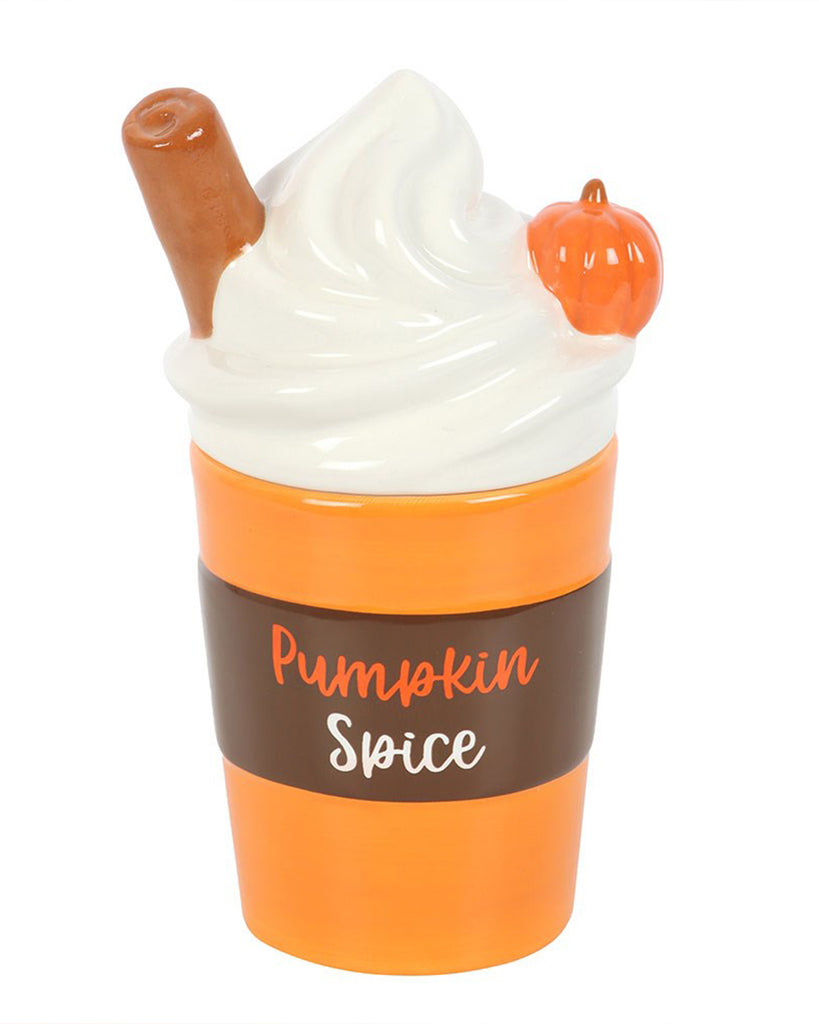 Front view of the Rebel Romance pumpkin spice latte wax warmer with lid on, featuring autumn-themed colours and the phrase “Pumpkin Spice” on the mug. A swirl of whipped cream, cinnamon stick, and pumpkin detail decorate the top.
