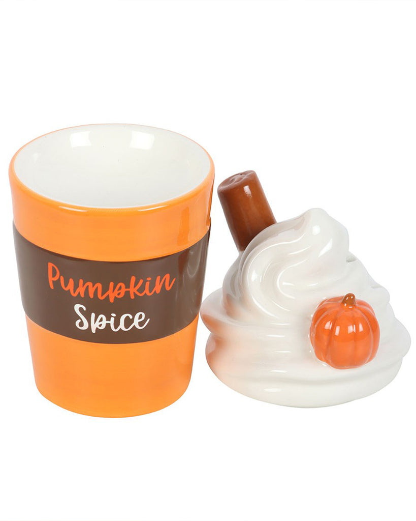 Lid removed from the ceramic pumpkin spice latte oil burner by Rebel Romance, revealing the open bowl ready for wax melts or oil. "Pumpkin Spice" is written on the orange and brown cup.