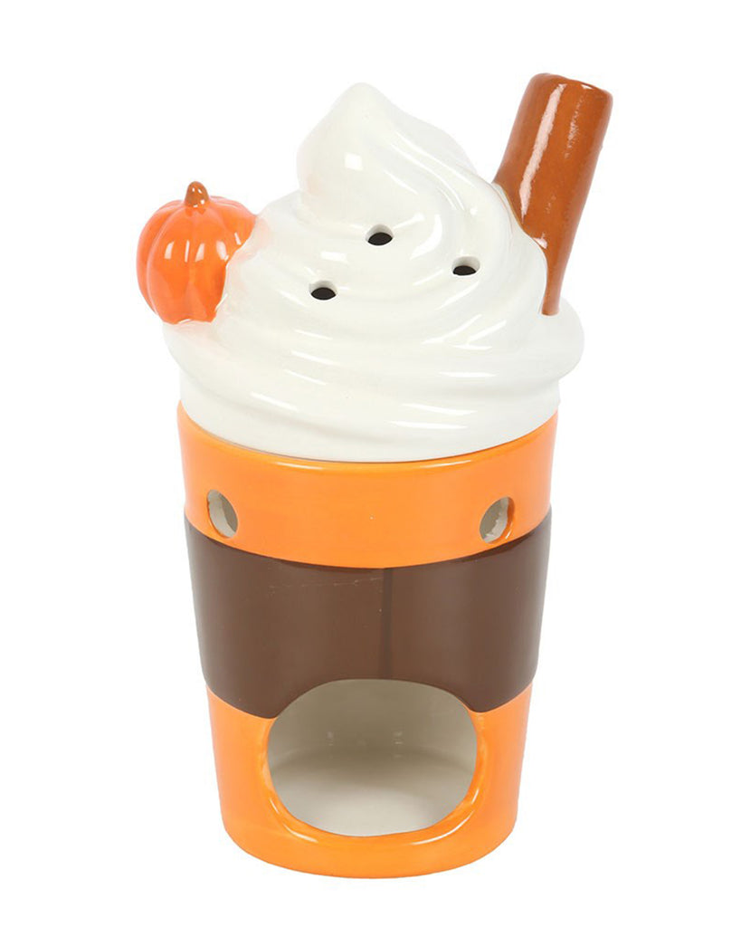 A ceramic pumpkin spice latte-shaped oil burner and wax warmer from Rebel Romance, featuring whipped cream-style lid with holes, a mini pumpkin, and a cinnamon stick on top. The orange and brown cup has a cut-out for a tealight.