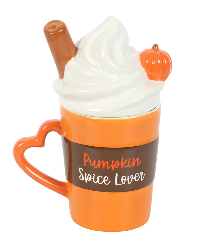 Front-facing shot of the Pumpkin Spice Latte Mug by Rebel Romance with lid on, topped with a cinnamon stick and pumpkin. Perfect for PSL lovers who adore unique and whimsical drinkware.