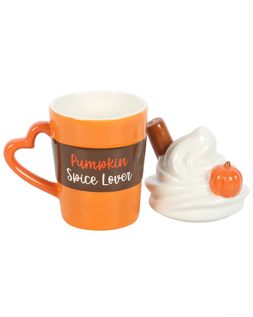 Rebel Romance Pumpkin Spice Lover Mug shown with the lid removed to reveal the interior. A fun autumn-themed gift for coffee lovers and collectors of novelty mugs.