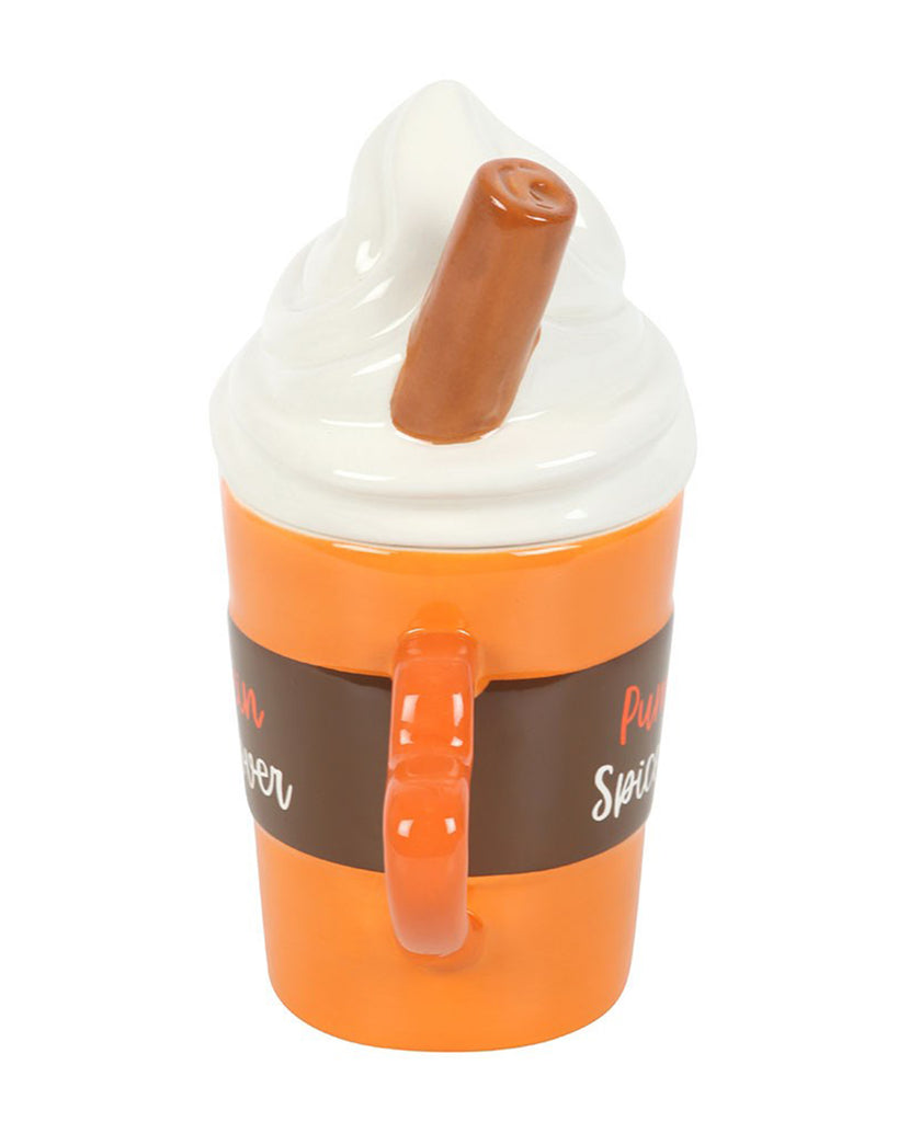 Back view of the Rebel Romance Pumpkin Spice Latte Mug showing the cinnamon stick and swirled lid design. A cute and fun seasonal ceramic piece for alternative style enthusiasts.