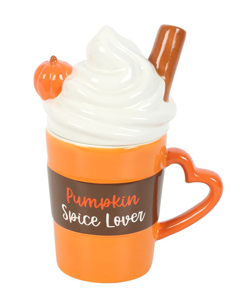Side view of the Rebel Romance Pumpkin Spice Latte Shaped Mug featuring a heart-shaped handle, whipped cream effect lid with a pumpkin and cinnamon stick. A quirky autumnal ceramic mug for pumpkin spice fans.