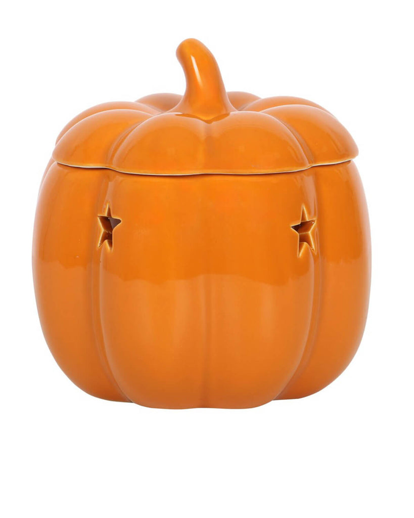 Front-facing view of the ceramic pumpkin burner with a cute curved stem and star cutouts for light.