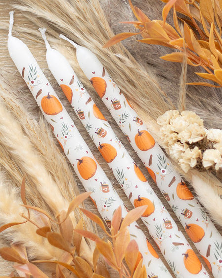 Pumpkin Print Candles Styled with Autumn Foliage
Flat lay of three pumpkin-themed taper candles surrounded by dried flowers, grasses, and autumnal leaves. A beautiful seasonal scene perfect for cosy home styling.