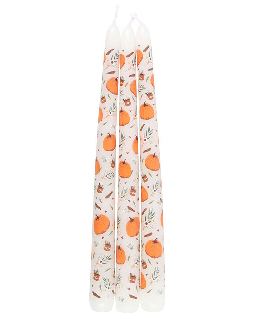 Pumpkin Print Taper Candles Trio Standing Upright
Set of three white taper candles featuring a repeating autumn design of pumpkins, cinnamon sticks, acorns, and leaves. Ideal for Halloween or autumn-themed tablescapes.