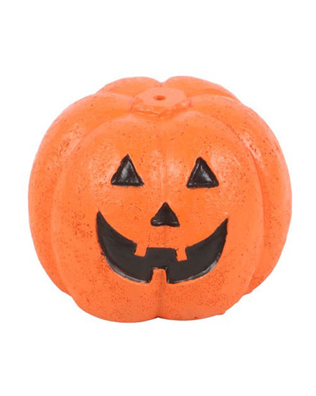 Front view of an orange jack-o'-lantern incense holder with a cute carved face. A fun and festive Halloween decoration from Rebel Romance, perfect for spooky home styling.