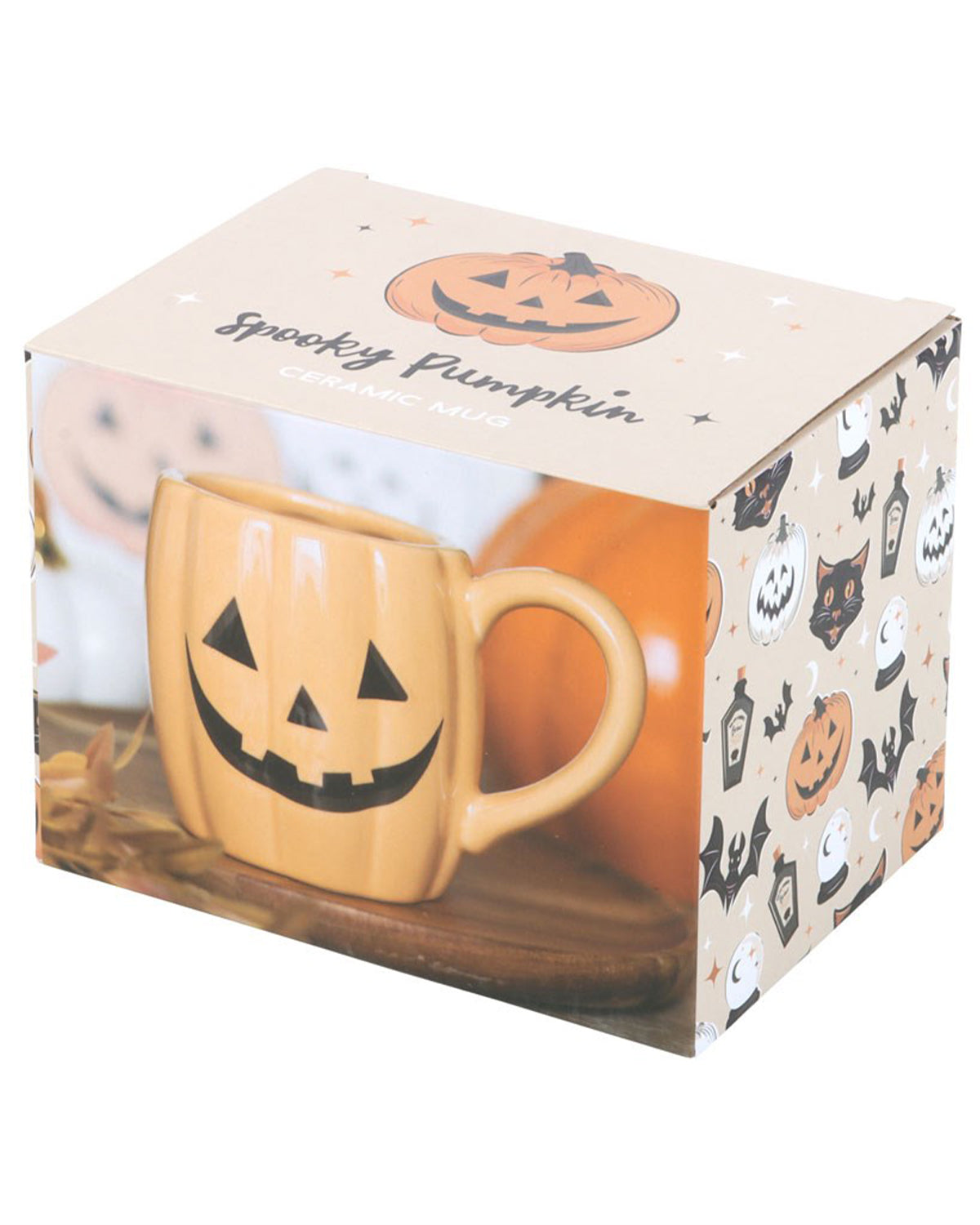 Spooky Pumpkin Ceramic Mug in Halloween-themed packaging with bats, pumpkins, ghosts and potion bottles, ideal for gifting.
