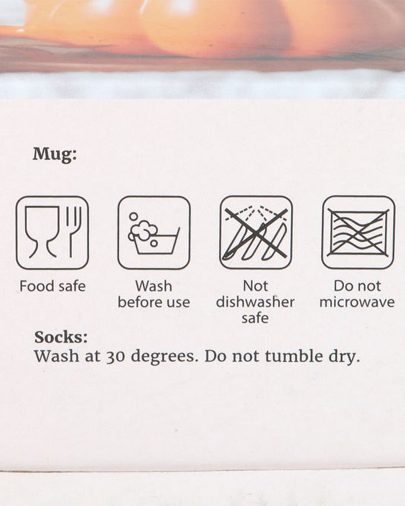 Care instructions card for Rebel Romance’s Pumpkin Mug and Socks Set showing icons for food safety, handwashing only, no microwave, and sock care guidance.