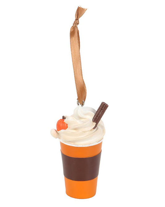 Pumpkin Spice Latte hanging ornament from Rebel Romance, shaped like a takeaway cup with whipped cream, a cinnamon stick, and a mini pumpkin on top. Features warm orange and brown tones with a satin ribbon loop for hanging. A cute and quirky seasonal decoration perfect for autumn lovers and festive trees. From a small UK brand that celebrates alternative fashion, style, and cosy vibes.