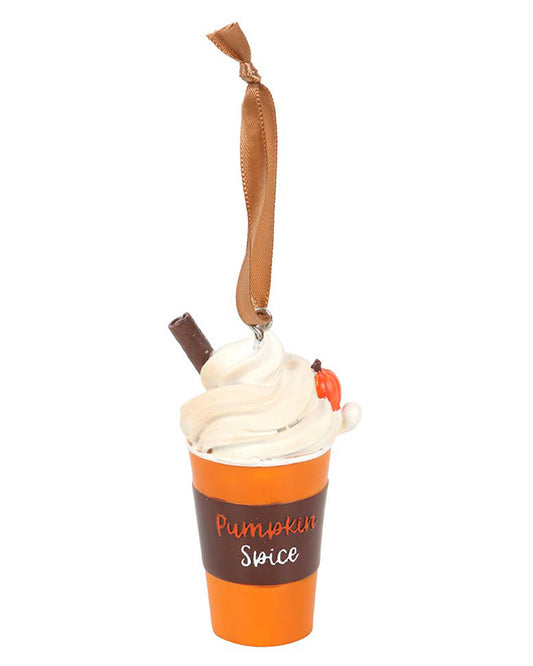 Pumpkin Spice Latte hanging ornament from Rebel Romance, styled as an orange takeaway cup with a brown sleeve and the words "Pumpkin Spice" written on the front. Topped with swirled whipped cream, a cinnamon stick, and a small pumpkin detail. Finished with a satin ribbon loop for hanging. A seasonal autumn decoration from a small UK brand that celebrates cosy vibes and alternative festive style.
