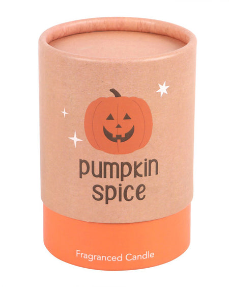 A front view of the Peekaboo Pumpkin Spice Candle packaging, showcasing a brown cylindrical container with a jack-o'-lantern design, perfect for the spooky season.