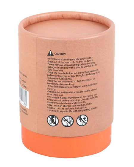 The back of the Peekaboo Pumpkin Spice Candle’s packaging, displaying safety warnings and instructions against a kraft-style background.