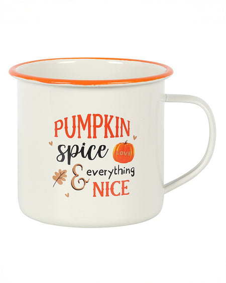 A close-up of the Pumpkin Spice Enamel Mug, showcasing its white body with orange trim and a festive autumnal design. The text reads "Pumpkin Spice and Everything Nice" with decorative elements.
