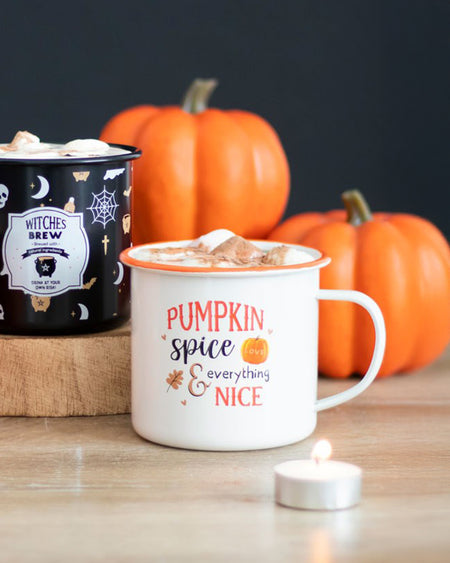 A cosy autumnal scene featuring a white enamel mug with orange trim, filled with hot chocolate and topped with marshmallows. The mug reads "Pumpkin Spice and Everything Nice" with decorative autumn leaves and a pumpkin illustration. Pumpkins and a black Halloween-themed mug sit in the background.