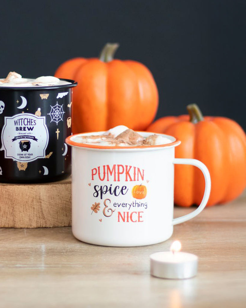 A cosy autumnal scene featuring a white enamel mug with orange trim, filled with hot chocolate and topped with marshmallows. The mug reads "Pumpkin Spice and Everything Nice" with decorative autumn leaves and a pumpkin illustration. Pumpkins and a black Halloween-themed mug sit in the background.