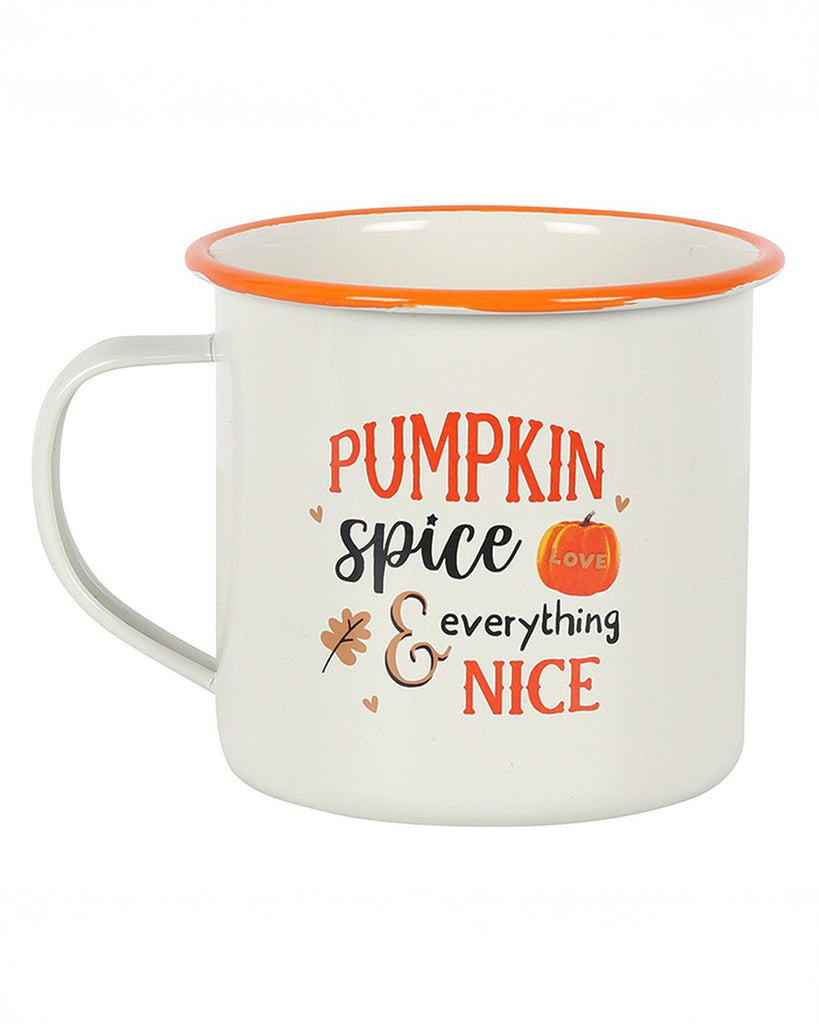 Another angle of the Pumpkin Spice Enamel Mug, displaying its sturdy enamel material, bright autumnal typography, and seasonal artwork. The orange rim adds a cosy touch to the design.