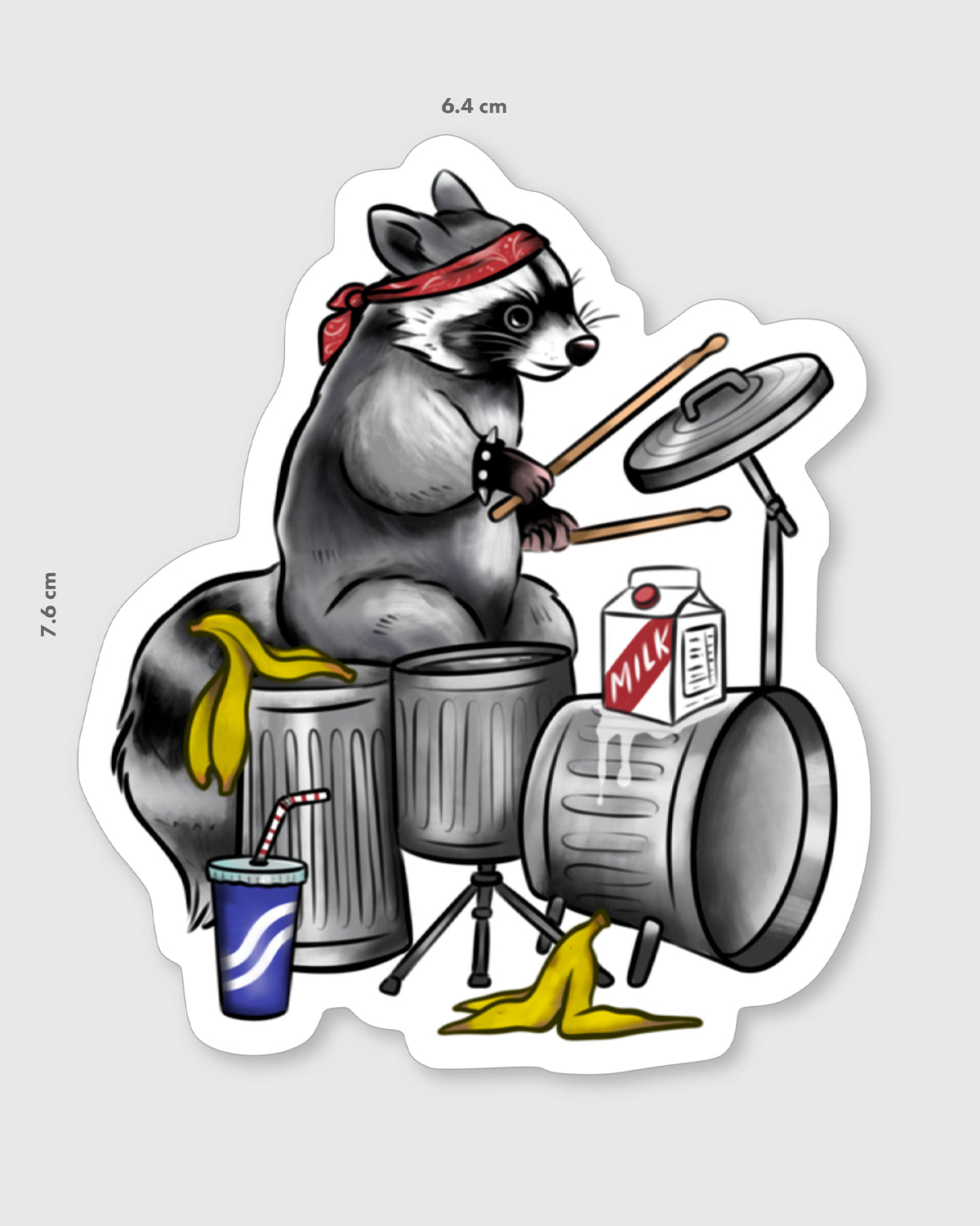 Vinyl sticker featuring a raccoon wearing a red bandana playing a drum kit made of silver dustbins, banana peels, a milk carton and a cup with a straw. Designed by MilkTeef for Rebel Romance.