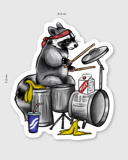 Vinyl sticker featuring a raccoon wearing a red bandana playing a drum kit made of silver dustbins, banana peels, a milk carton and a cup with a straw. Designed by MilkTeef for Rebel Romance.