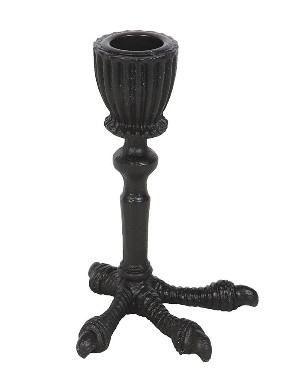 Black taper candle holder shaped like a raven’s claw, made from resin with a matte finish. Shown on a gothic-style black surface beside The Raven book and a potion bottle, holding a tall white taper candle. Perfect for Halloween or gothic home decor.