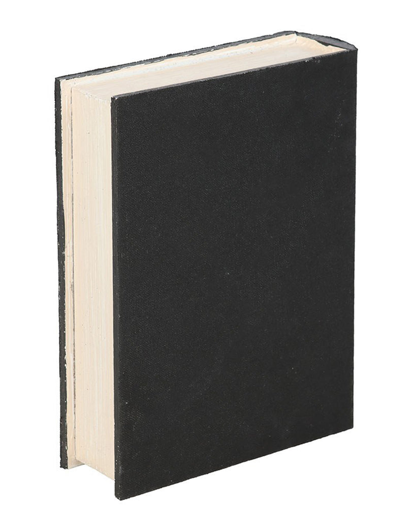 A closed view of the plain black book-shaped storage box, designed to look like a vintage hardcover. This secret stash box blends effortlessly into bookshelves. Available from Rebel Romance, a UK-based shop for unique and quirky home décor.