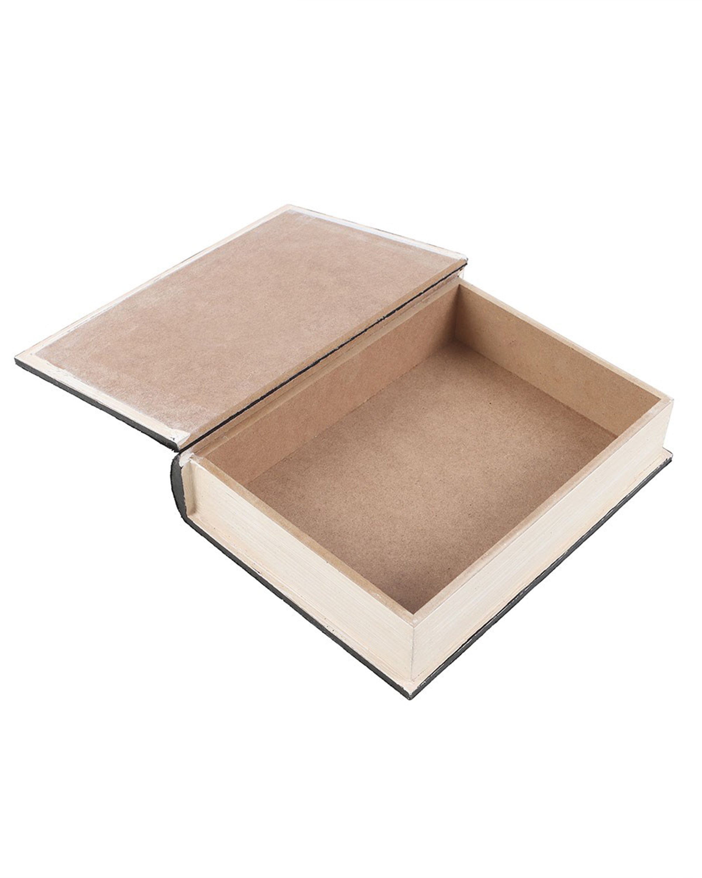 An open book-shaped storage box made from MDF, revealing a hollow compartment inside. The design mimics the pages of a real book, perfect for hiding keepsakes or small treasures. Sold by Rebel Romance, a UK brand specialising in alternative and gothic gifts.