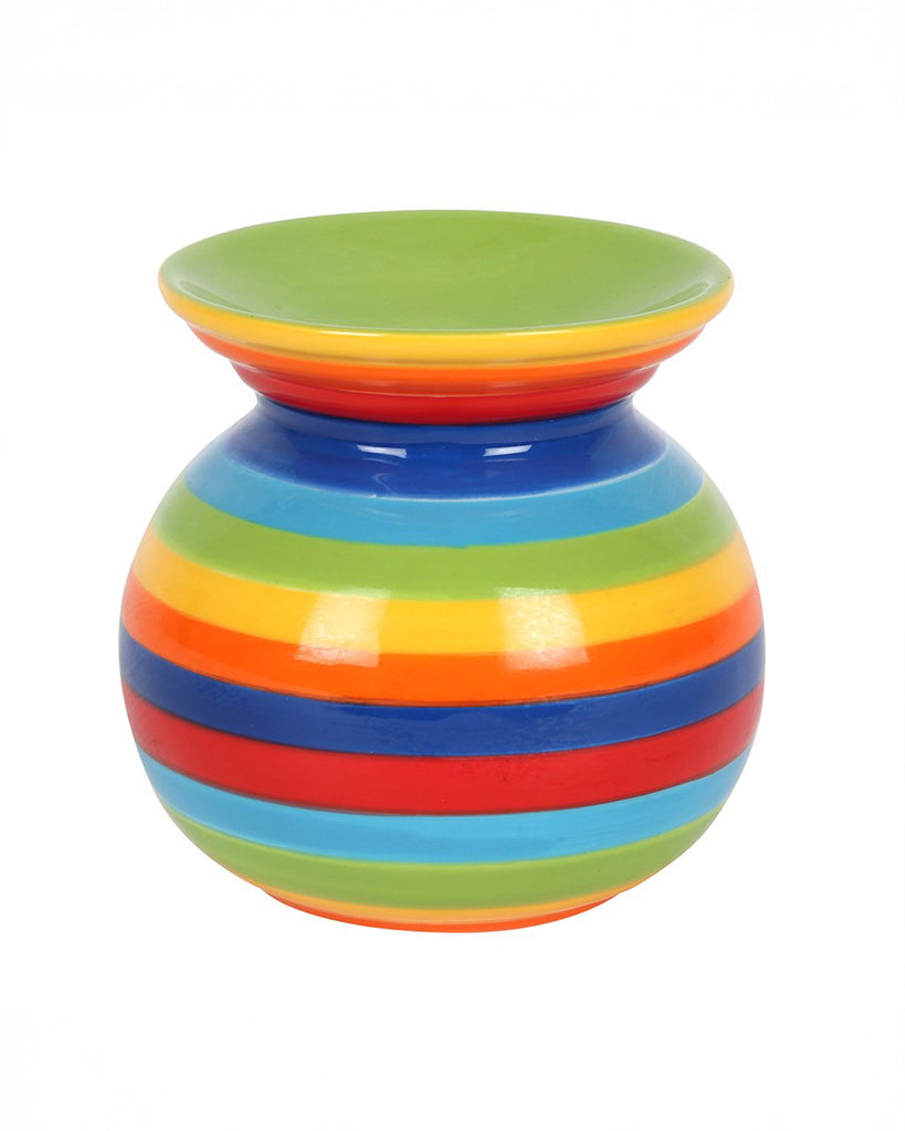 Rear view of the Rainbow Stripe Oil Burner, highlighting its glossy ceramic finish and the bright, multicoloured horizontal stripes.