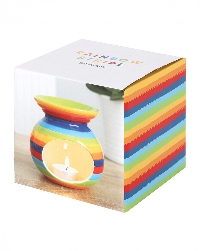  Packaging of the Rainbow Stripe Oil Burner by Rebel Romance, showing the product image on the front and rainbow-striped design wrapping around the sides. Perfect for gifting.