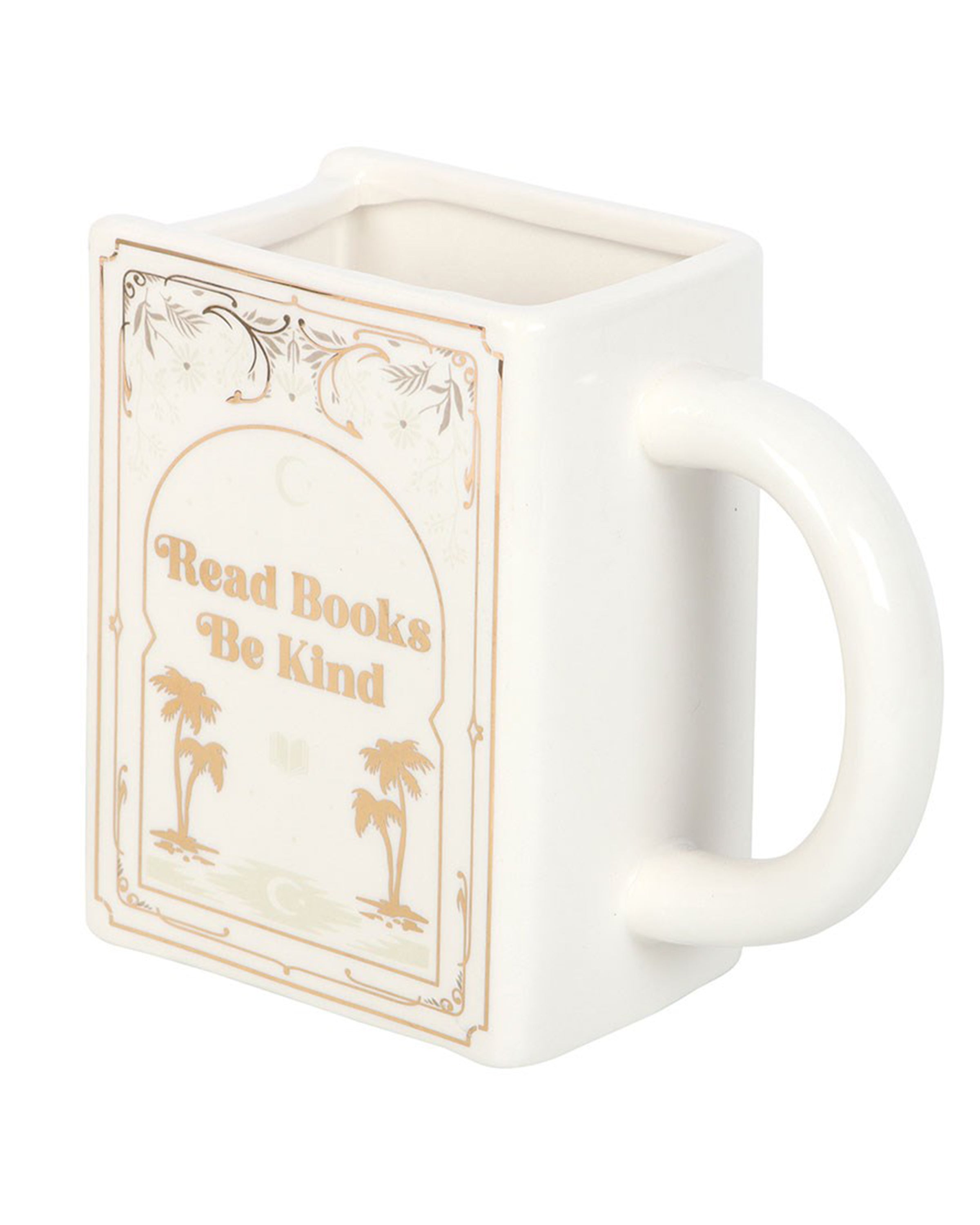 Close-up of the Rebel Romance Read Books Be Kind white ceramic mug, designed in the shape of a book with gold lettering and palm tree illustrations. A whimsical and unique gift for bookworms, tea lovers, and those who adore literary-themed homeware.