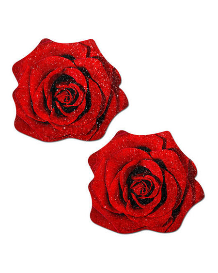 Rose: Red Glitter Velvet Blooming Rose Nipple Pasties by Pastease® o/s. Two red glittery sparkling rose nipple covers on a white background. Perfect for a festival, pride, burlesque performance, only fans content or a party.