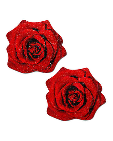 Rose: Red Glitter Velvet Blooming Rose Nipple Pasties by Pastease® o/s. Two red glittery sparkling rose nipple covers on a white background. Perfect for a festival, pride, burlesque performance, only fans content or a party.