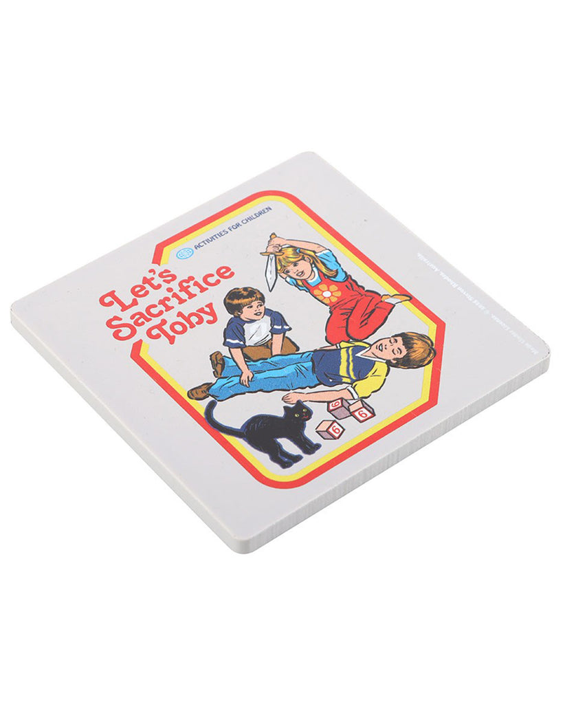 Side angle of the Steven Rhodes Let’s Sacrifice Toby Coaster from Rebel Romance. The retro-inspired design features children playing a darkly humorous ritual sacrifice game, adding a gothic and playful twist to your homeware collection.