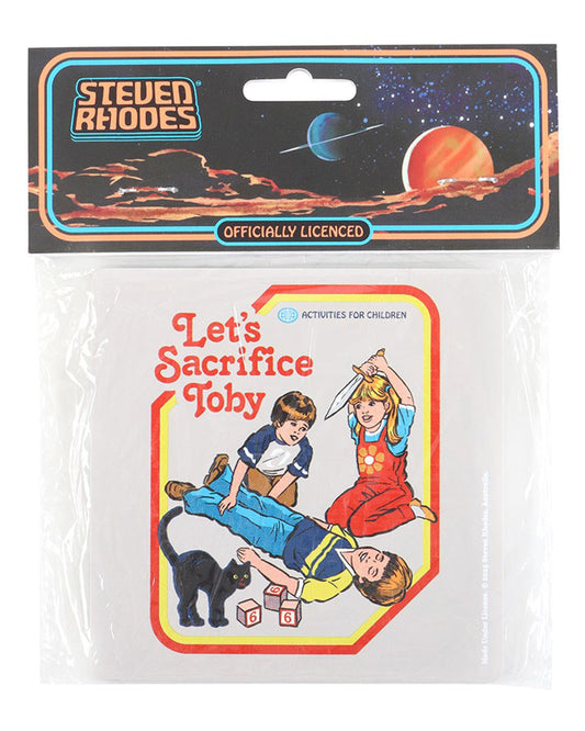 Steven Rhodes Let’s Sacrifice Toby Coaster in packaging, officially licensed and available at Rebel Romance, a UK alternative fashion and lifestyle brand. The coaster features a retro parody children’s activity design with kids preparing a ritual sacrifice, perfect for gothic homeware and quirky millennial gifts.