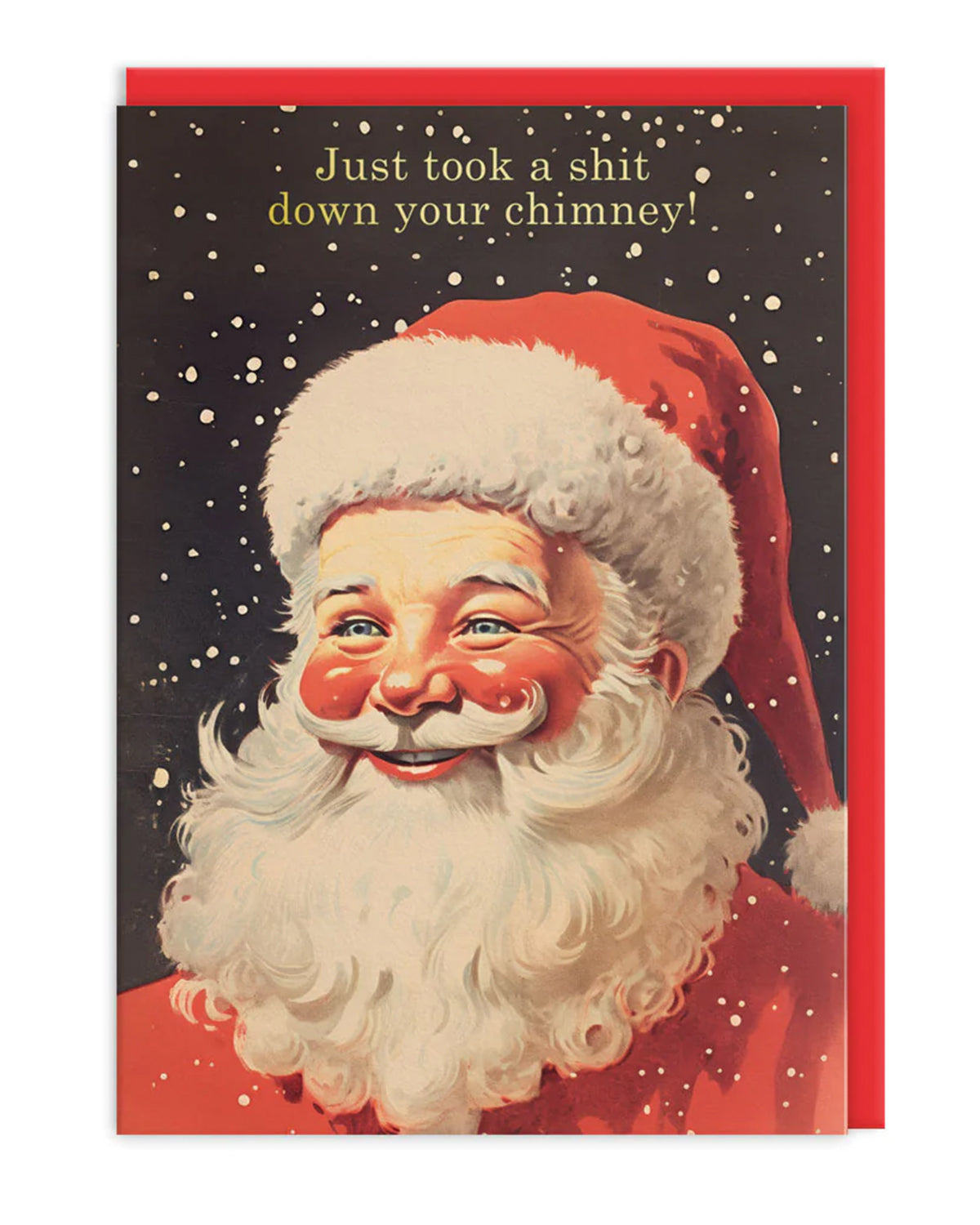 Funny retro-style Christmas card featuring a smiling vintage Santa Claus illustration with falling snow and bold gold foil text that reads 