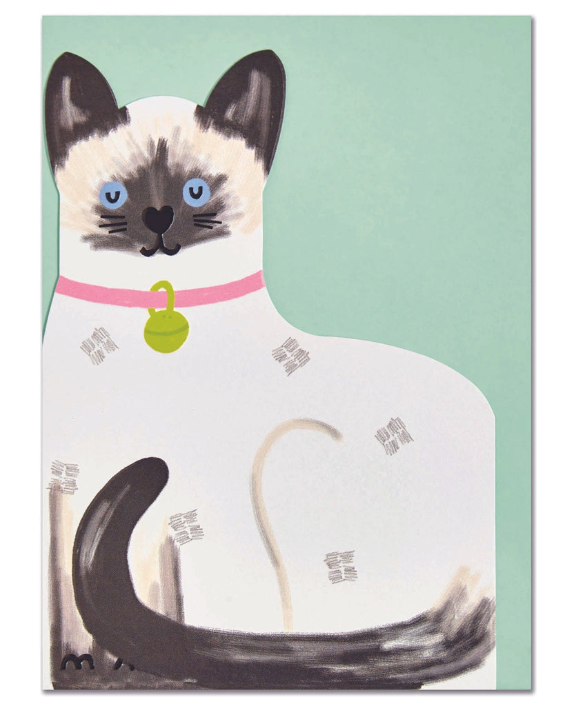 Raspberry Blossom Siamese cat greeting card featuring a hand-illustrated Siamese with blue eyes, chocolate point markings, and a pink collar with bell. Finished with emboss and spot UV details for texture. Everyday card perfect for cat lovers, birthdays, or any occasion.