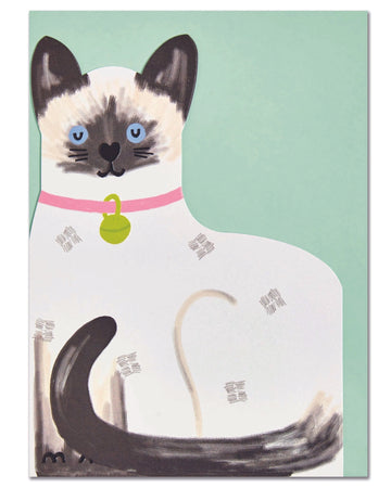 Raspberry Blossom Siamese cat greeting card featuring a hand-illustrated Siamese with blue eyes, chocolate point markings, and a pink collar with bell. Finished with emboss and spot UV details for texture. Everyday card perfect for cat lovers, birthdays, or any occasion.