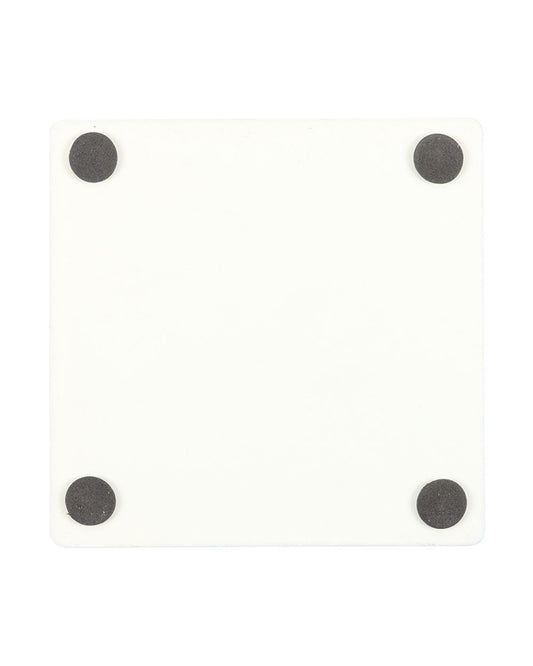 Back view of the Steven Rhodes “Sick of Your Shit” coaster from Rebel Romance, showing a plain white base with non-slip black pads. A sturdy, retro-inspired coaster for alternative home décor.