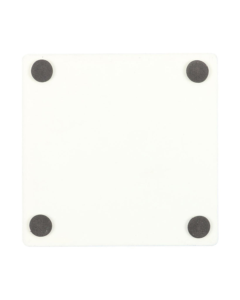 Back view of the Steven Rhodes “Sick of Your Shit” coaster from Rebel Romance, showing a plain white base with non-slip black pads. A sturdy, retro-inspired coaster for alternative home décor.