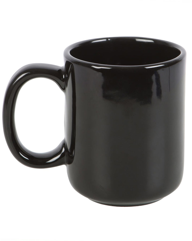Back view of the skeleton hand mug showing the plain black without decoration side, showing its shape and glossy finish.